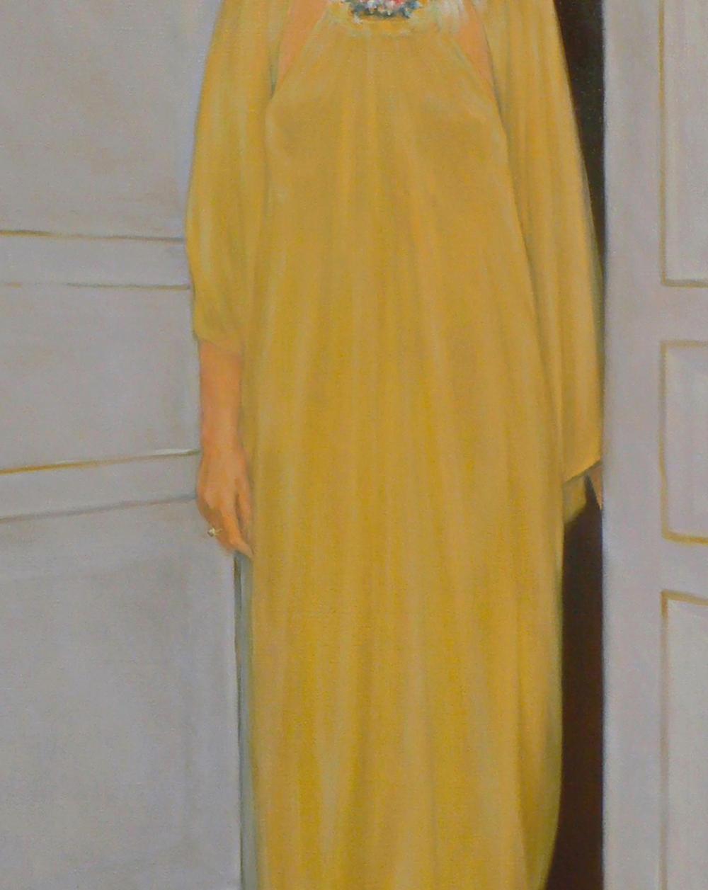 Oil painting portrait of woman in flowing yellow dress by Vasily Korkishko
