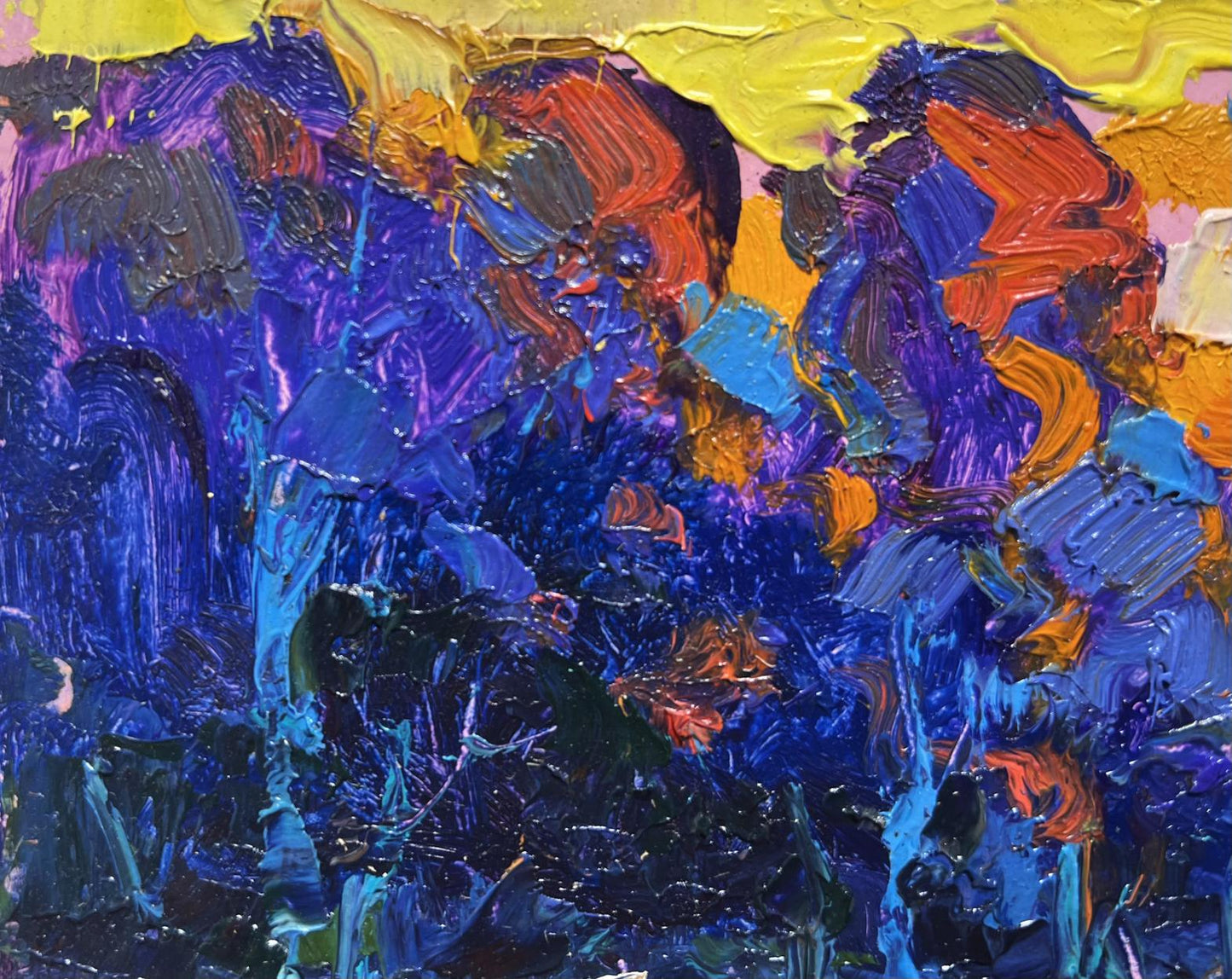 Vibrant Quiet Fishing oil painting by Oksana Ivanyuk with textured blue purple orange yellow layers