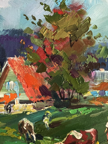 Vibrant impressionist oil painting by Yuriy Suprunchuk with tree foliage and sky