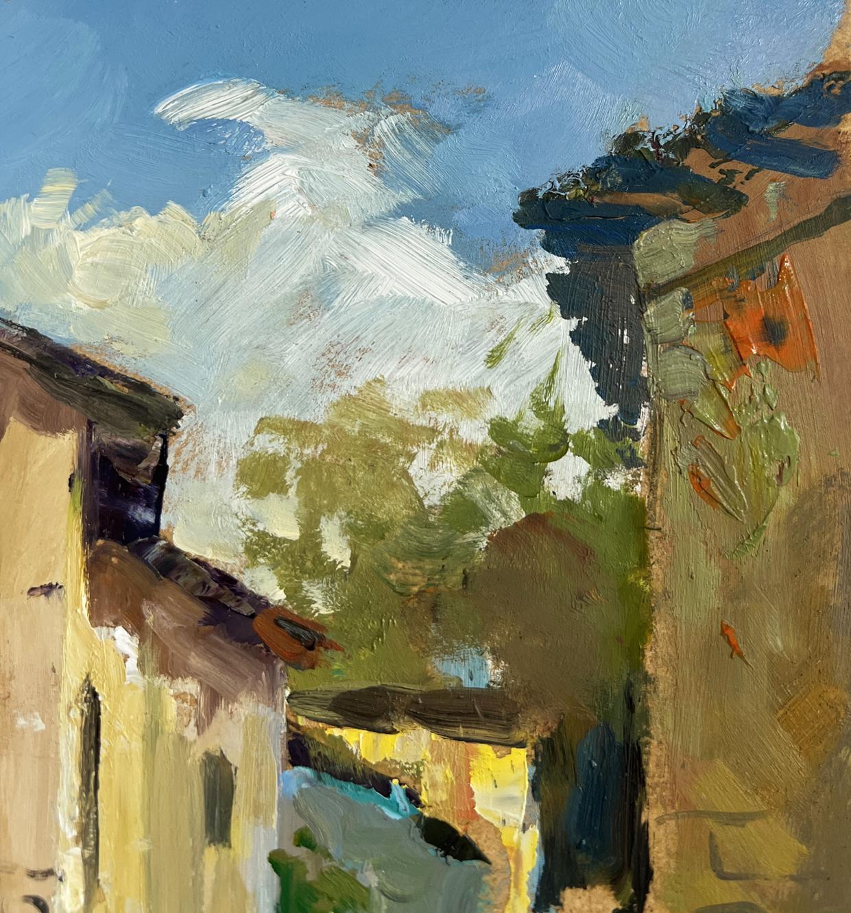 Impressionistic oil painting of sunlit summer courtyard by Yuriy Suprunchuk