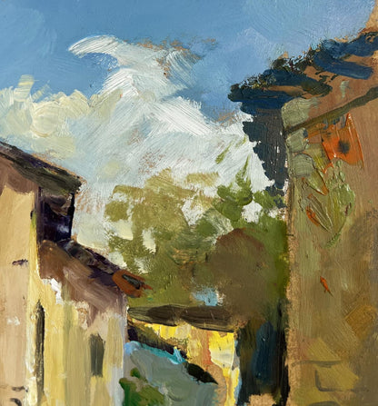 Impressionistic oil painting of sunlit summer courtyard by Yuriy Suprunchuk