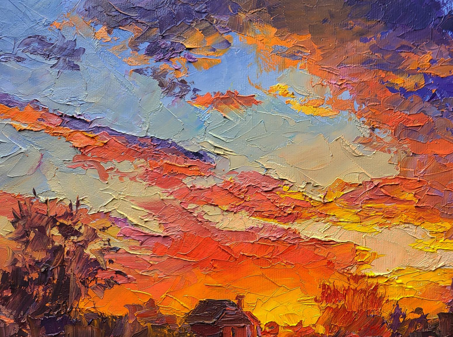 Vibrant oil painting of multicolored sunset clouds by Boris Serdyuk