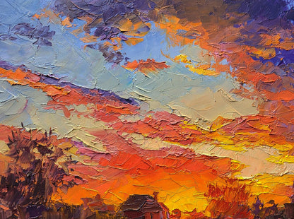 Vibrant oil painting of multicolored sunset clouds by Boris Serdyuk
