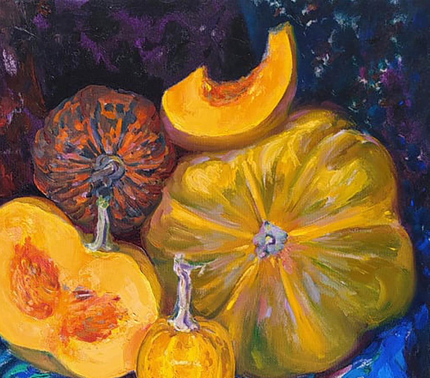 Oil painting of vibrant yellow ribbed squash by Leonid Pavlenko