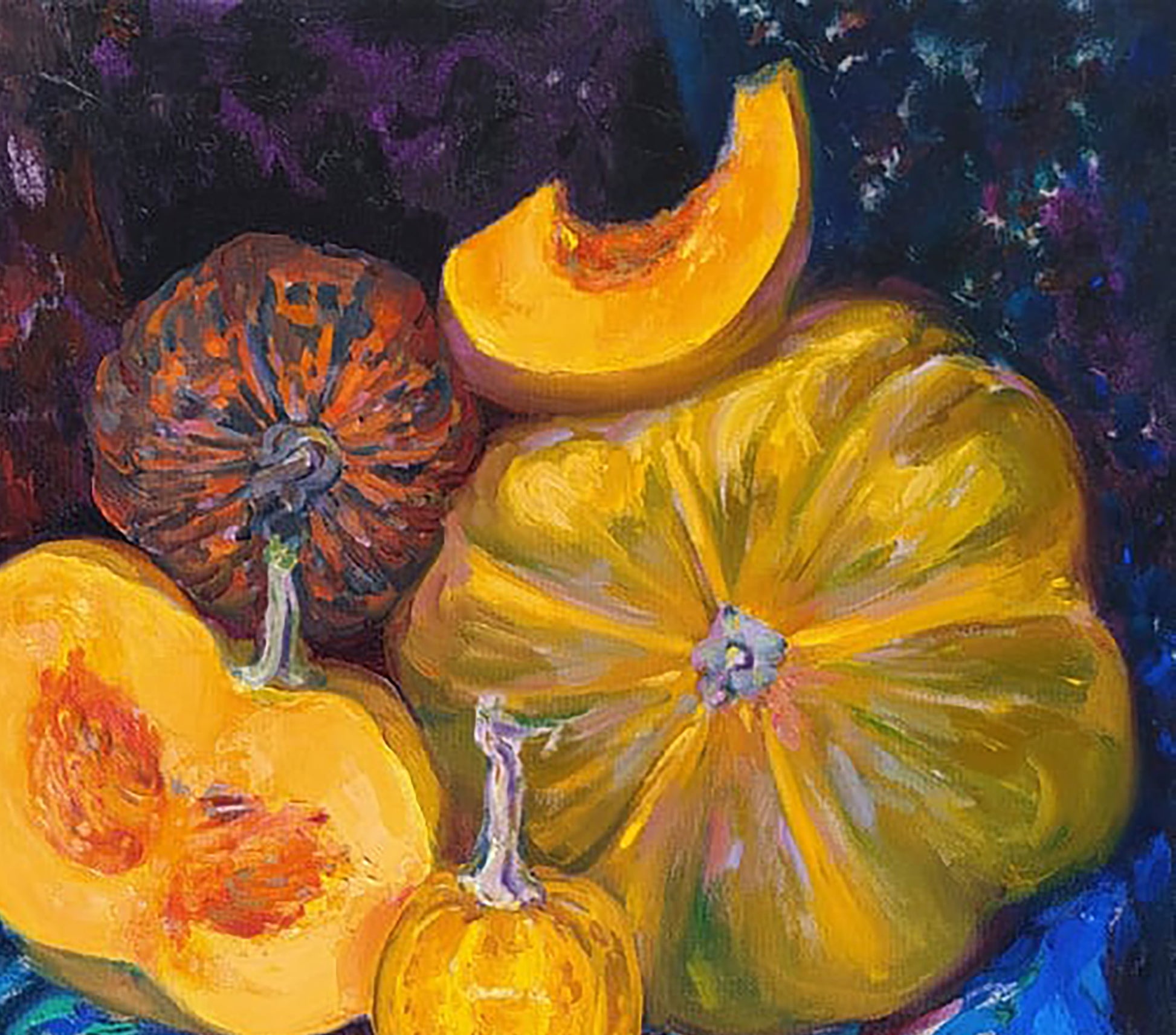 Oil painting of vibrant yellow ribbed squash by Leonid Pavlenko