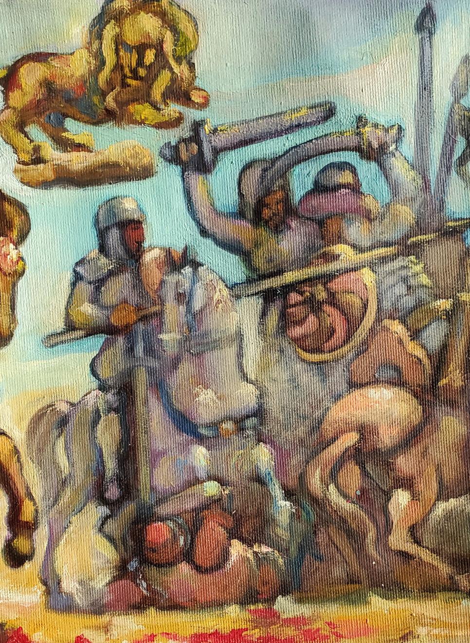 Oil painting of Richard the Lionheart battling mythical creatures by Daniil Litvinov