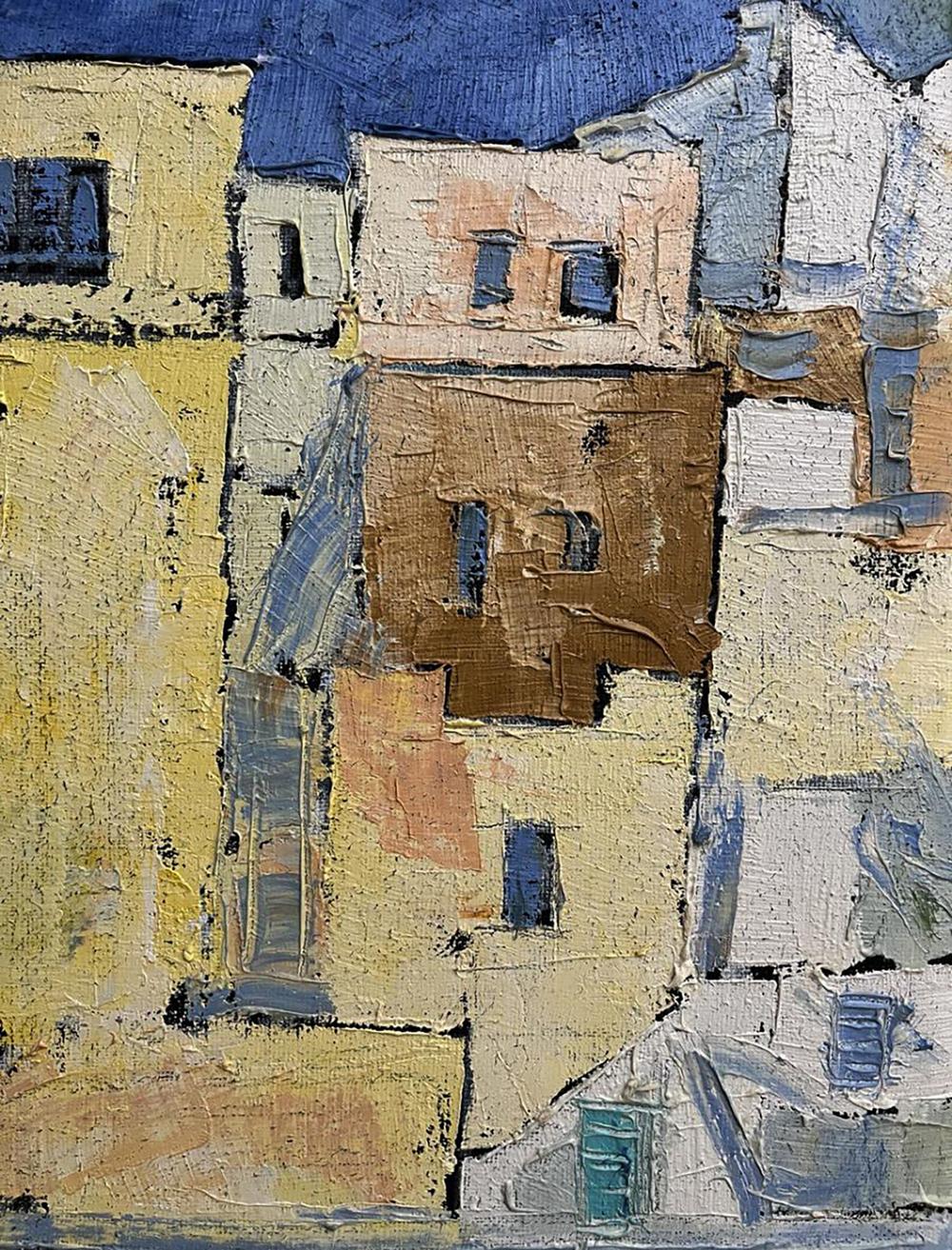 Oil painting Dark light by Serhiy Kovalev: textured buildings in warm yellows, browns, blue accents