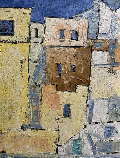 Oil painting Dark light by Serhiy Kovalev: textured buildings in warm yellows, browns, blue accents