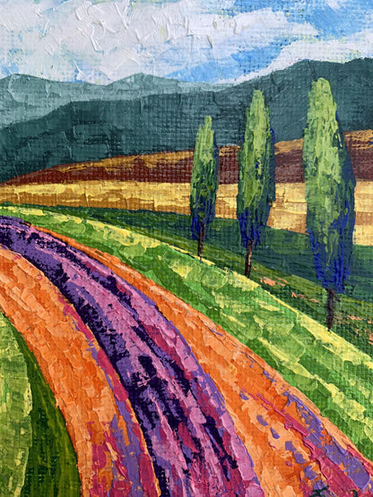 Oil painting of vibrant purple orange lavender glade road to mountains by V. Zadorozhnya