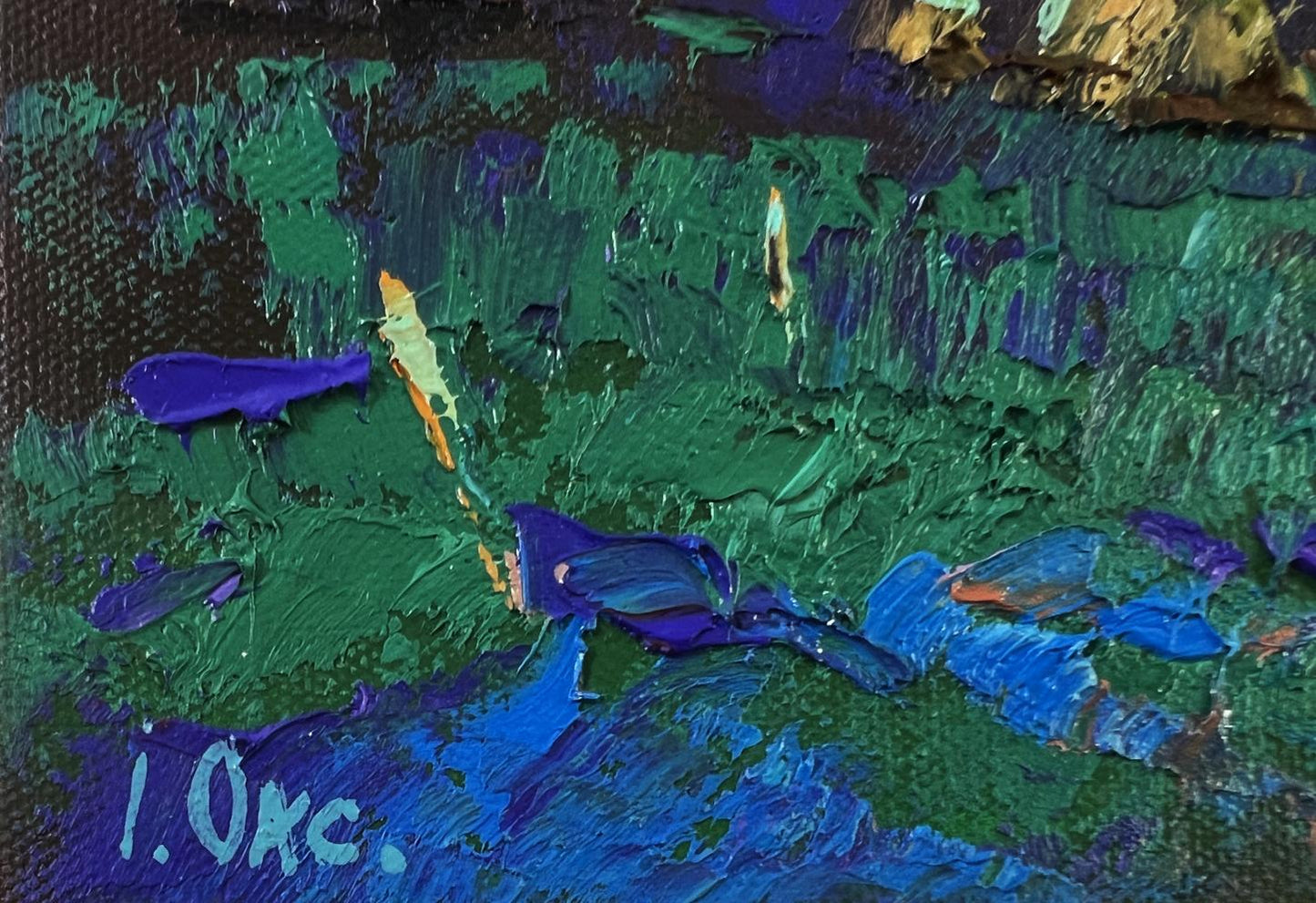 Oil painting Moonlit Country Night by Oksana Ivanyuk with green blue purple impasto