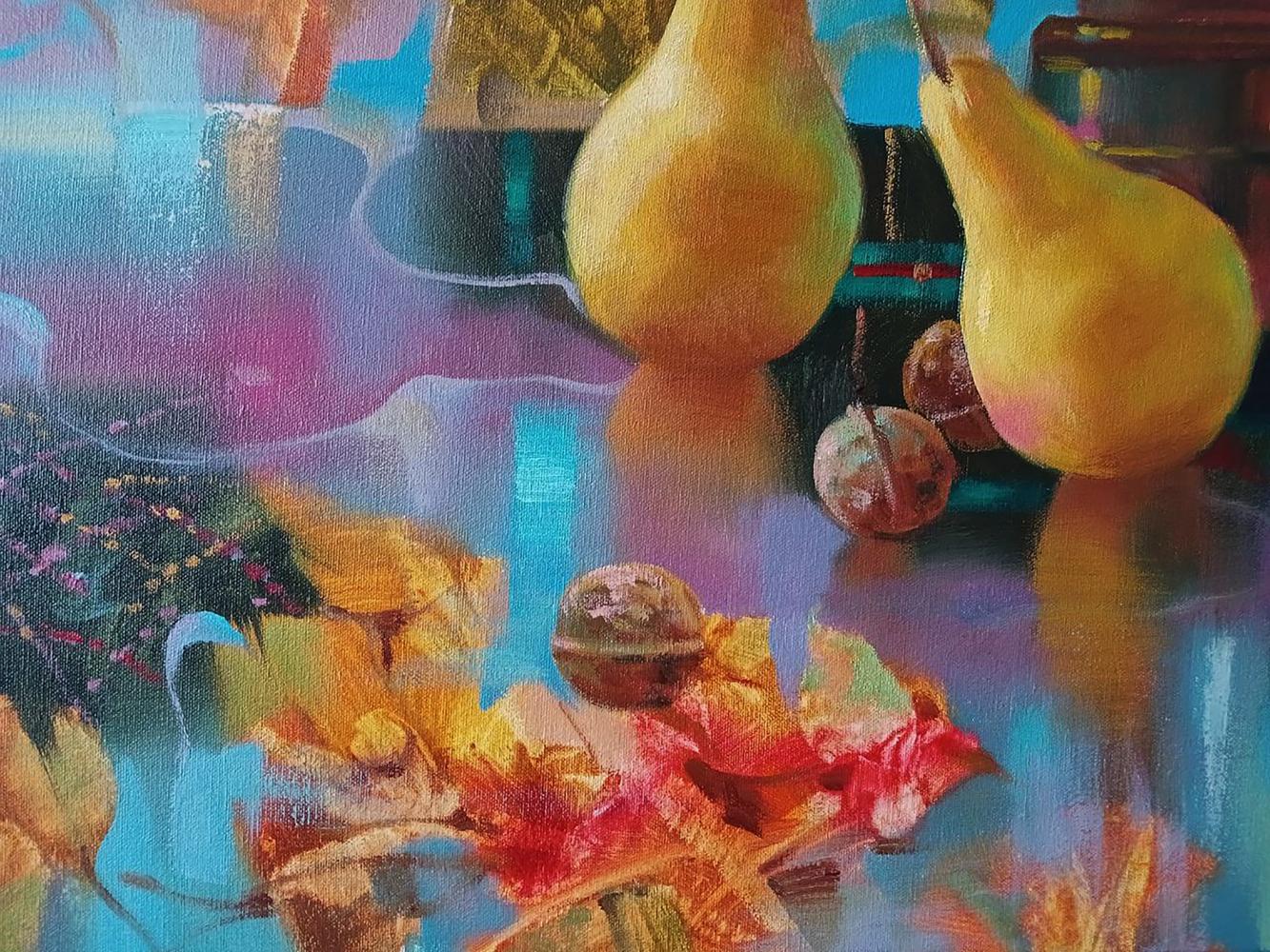 Abstract oil painting of two golden-yellow pears by Anatoly Tarabanov