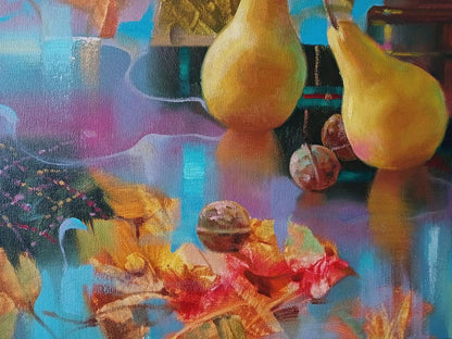 Abstract oil painting of two golden-yellow pears by Anatoly Tarabanov