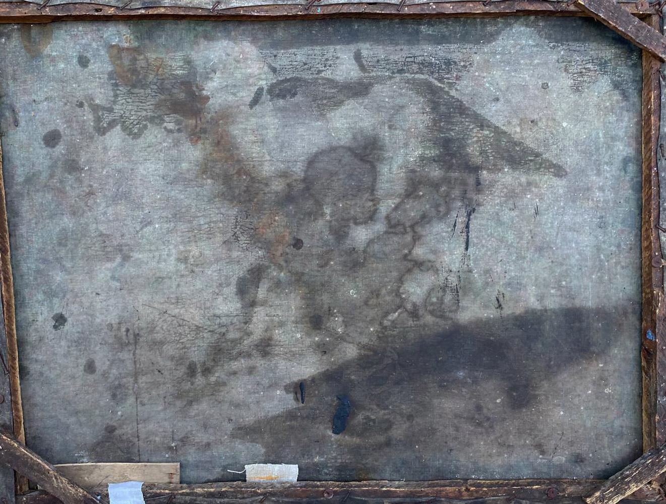 Weathered gray canvas back of Evening romance near home oil painting in rustic wood frame