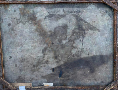 Weathered gray canvas back of Evening romance near home oil painting in rustic wood frame