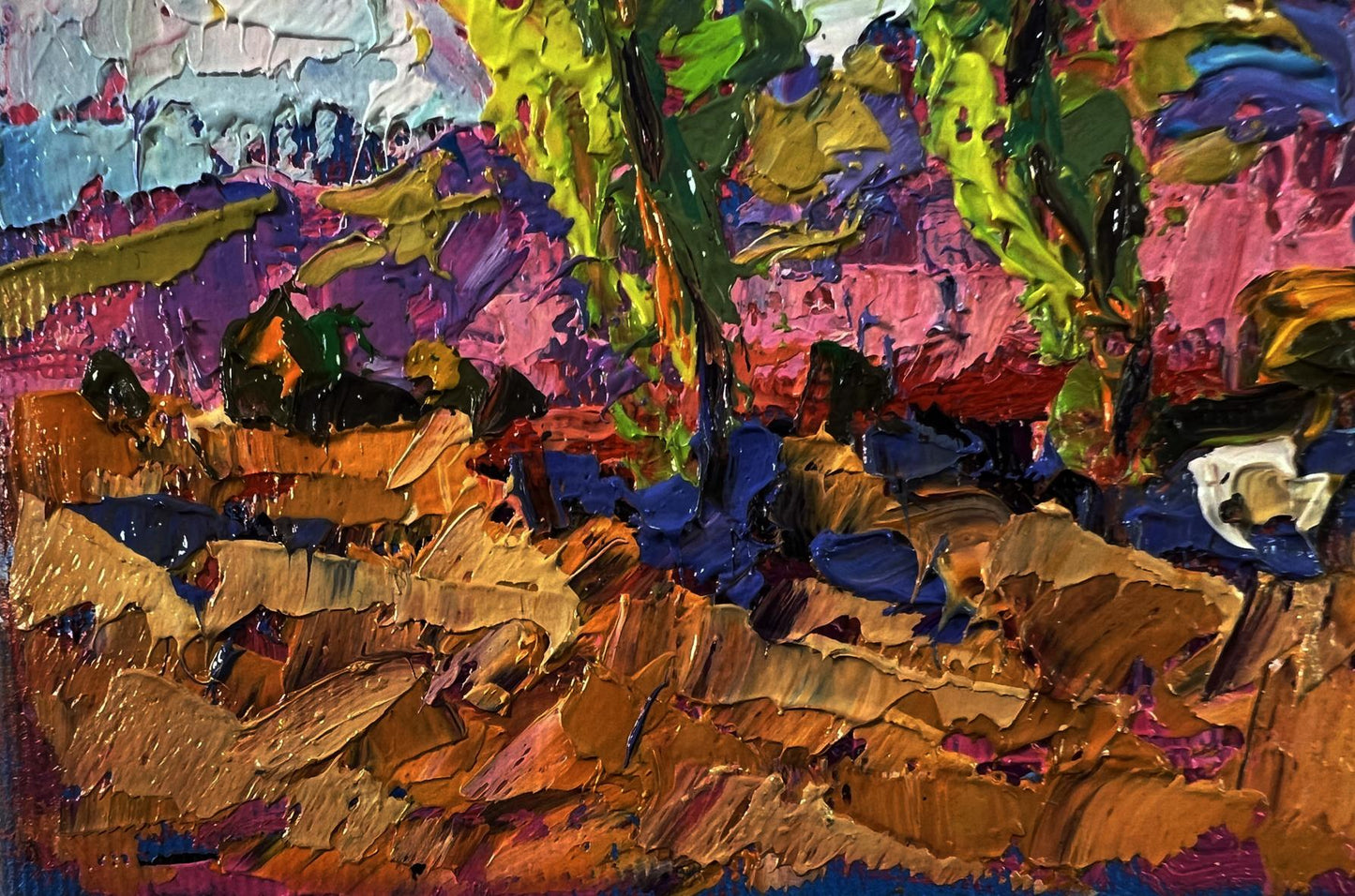 Vibrant Oleksiy Ivanyuk oil painting Meadow with animals in impasto greens and pinks