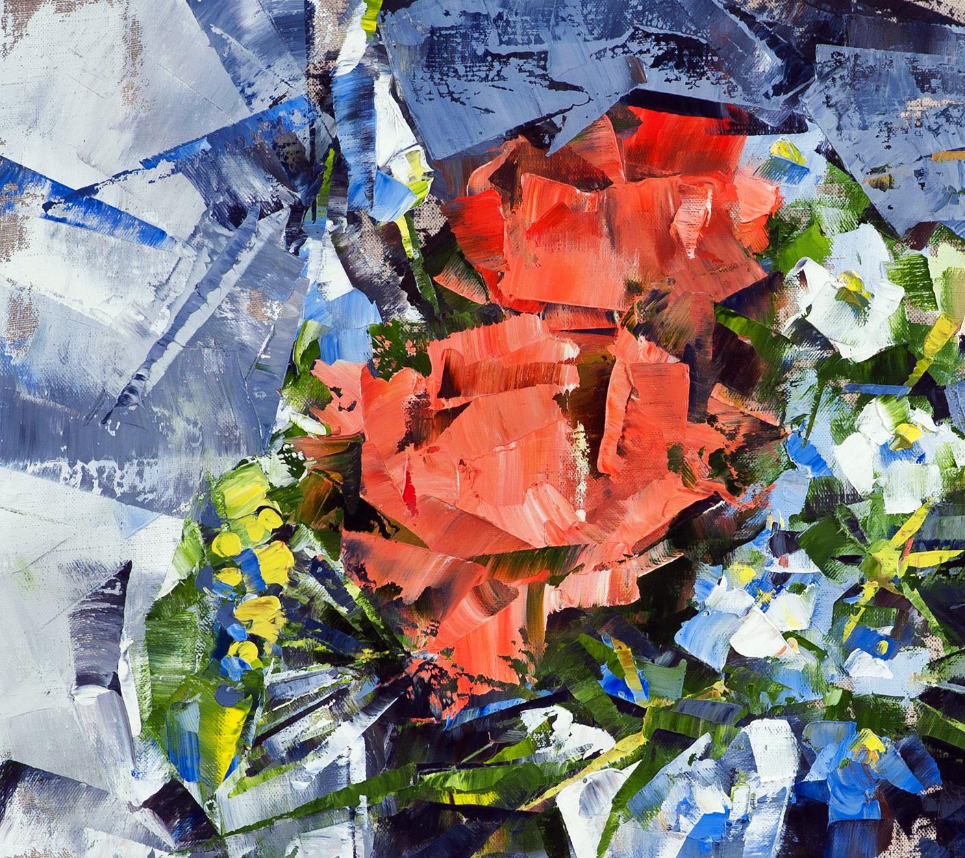 Oil painting Kaleidoscope of Bloom by Volodymyr Gluhomanyuk: vibrant orange roses
