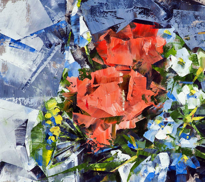 Oil painting Kaleidoscope of Bloom by Volodymyr Gluhomanyuk: vibrant orange roses