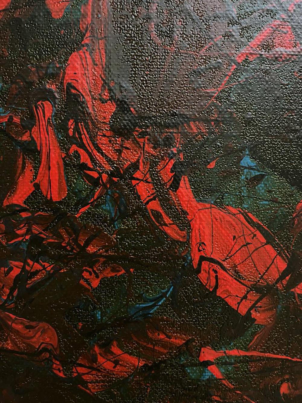Oil painting Search for truth by Serhiy Kovalev with bold red black impasto strokes