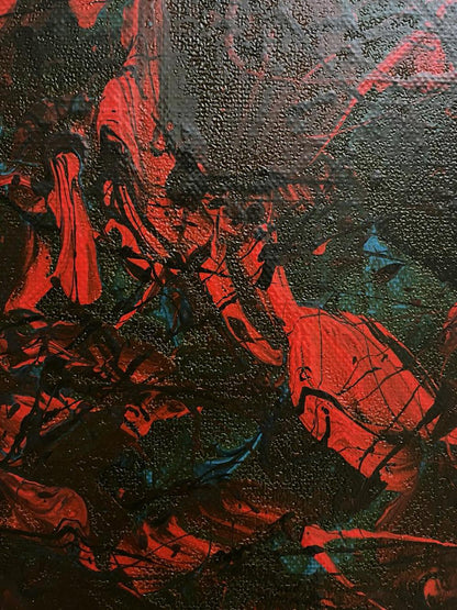 Oil painting Search for truth by Serhiy Kovalev with bold red black impasto strokes