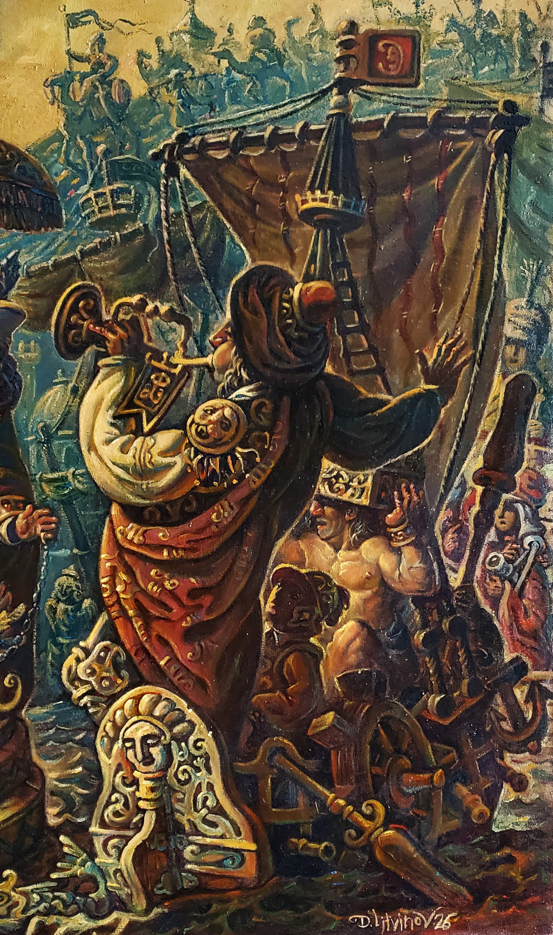Oil painting Adoration of the Magi by Daniil Litvinov with ornate robed figure