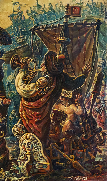 Oil painting Adoration of the Magi by Daniil Litvinov with ornate robed figure