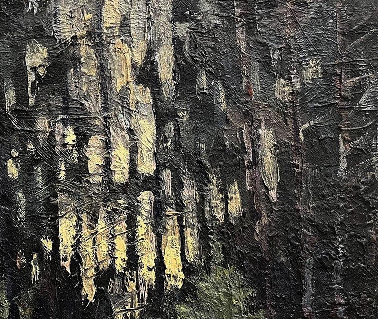 Oil painting Early Snow by Volodymyr Pashchenko, abstract black and pale yellow layers