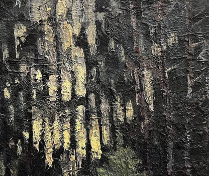 Oil painting Early Snow by Volodymyr Pashchenko, abstract black and pale yellow layers
