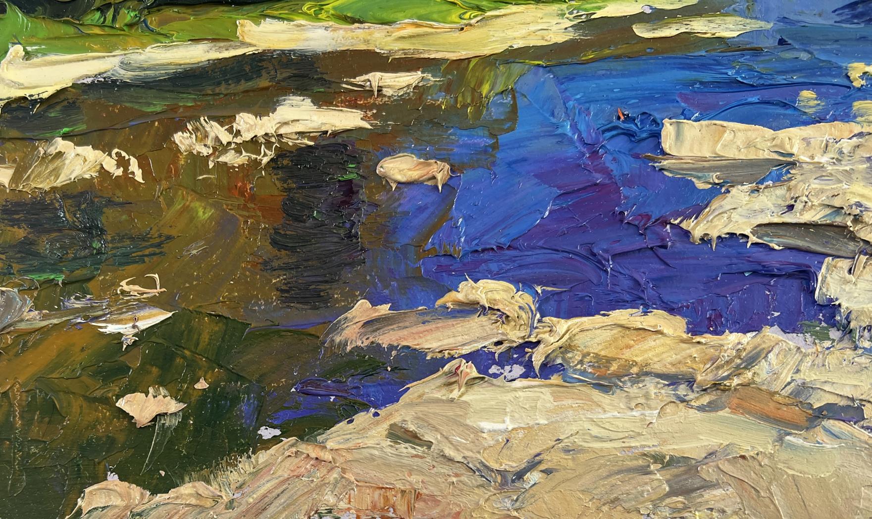 Oil painting of river against mountain slopes by Boris Serdyuk