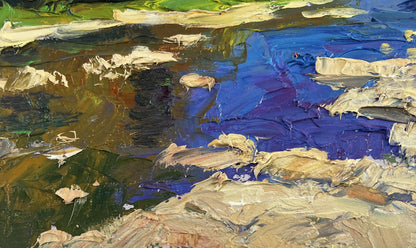 Oil painting of river against mountain slopes by Boris Serdyuk