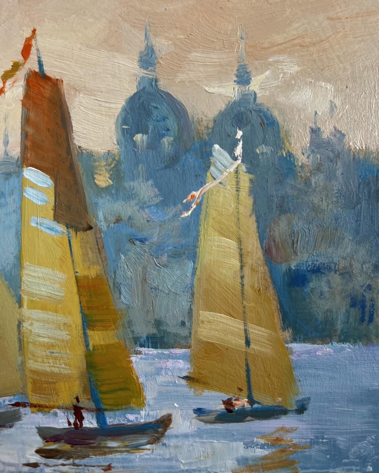Oil painting of three sailboats in evening by Yuriy Suprunchuk