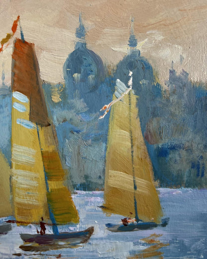 Oil painting of three sailboats in evening by Yuriy Suprunchuk