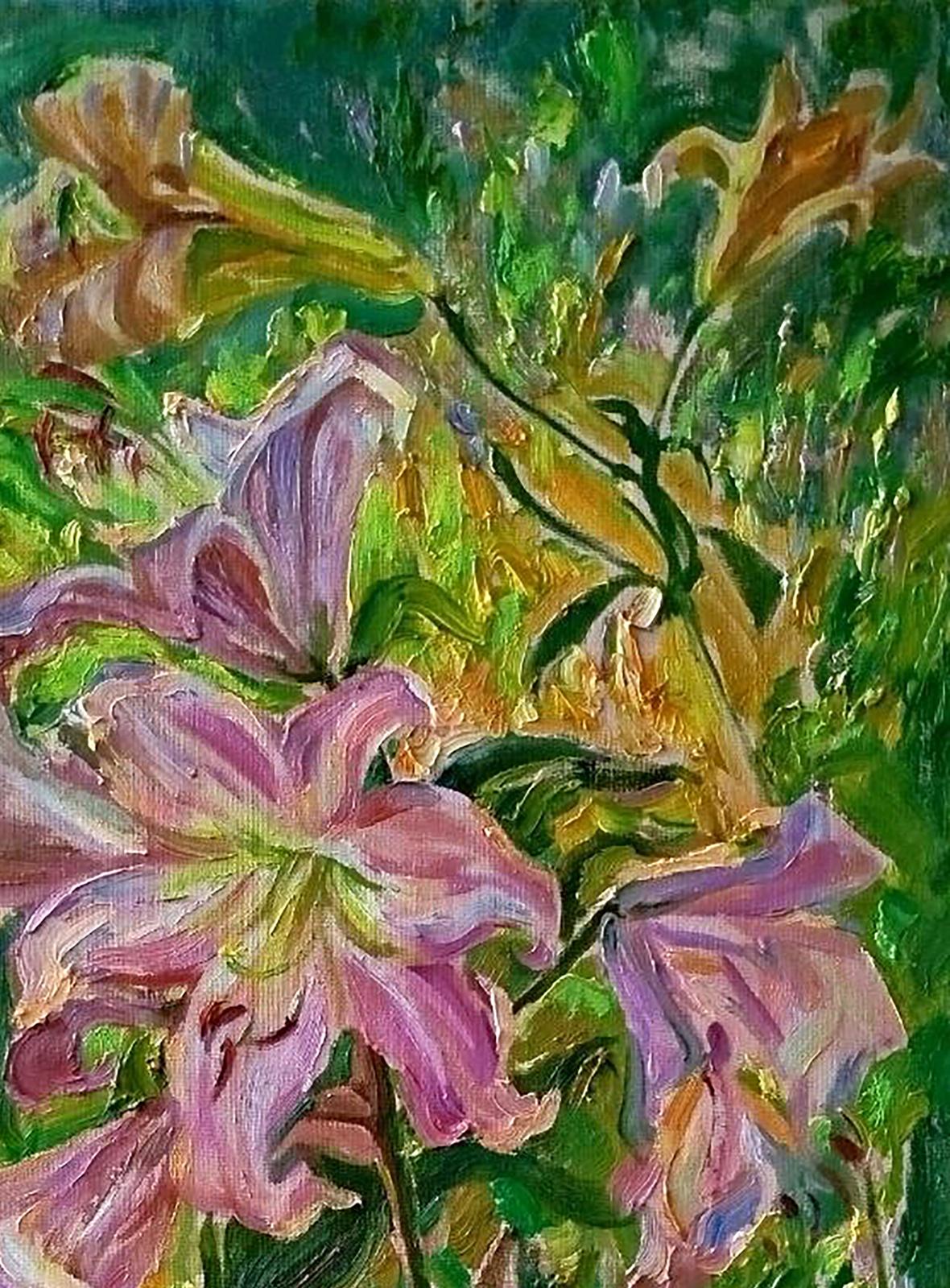 Oil painting Pink Lilies by Leonid Pavlenko vibrant pink purple impasto
