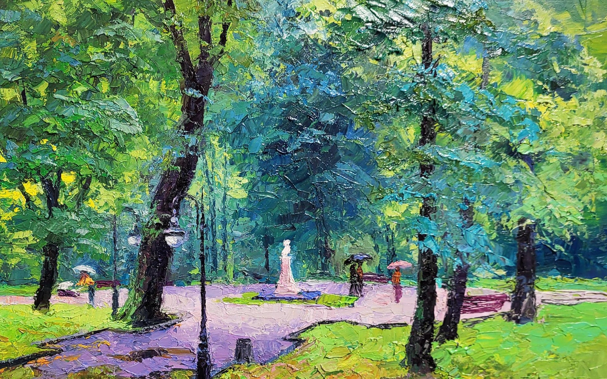 Oil painting of white statue in lush city park pathway by Boris Serdyuk