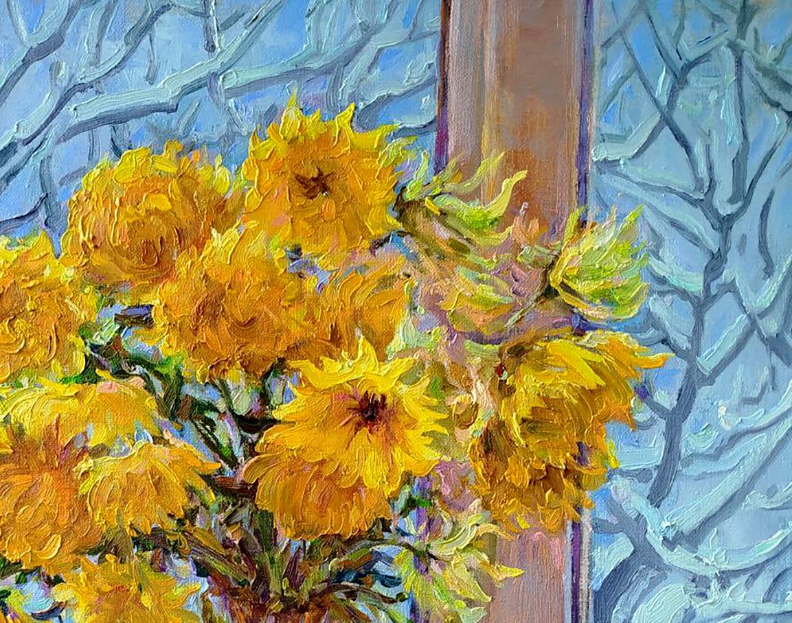 Oil painting of yellow chrysanthemums by Leonid Pavlenko