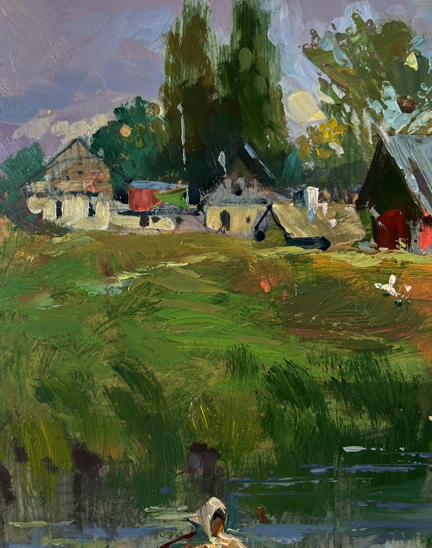 Vibrant impressionist oil painting Life by the village river by Yuriy Suprunchuk