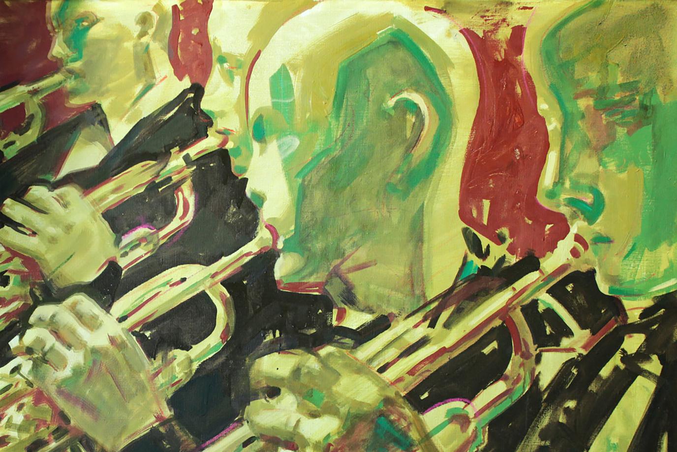 Vibrant oil painting March Ed Potapenkov: musicians with trumpets in yellow, green, red