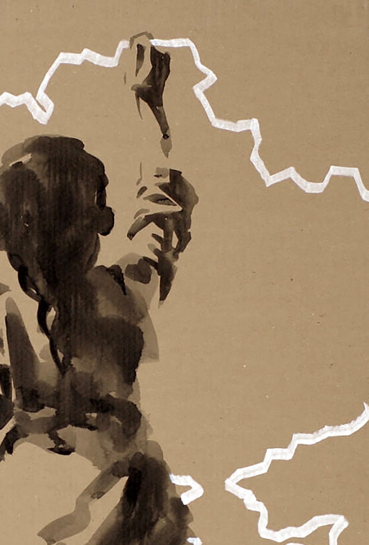 Stylized ink-wash of dark-haired figure in Dima Filatov Country Border acrylic painting