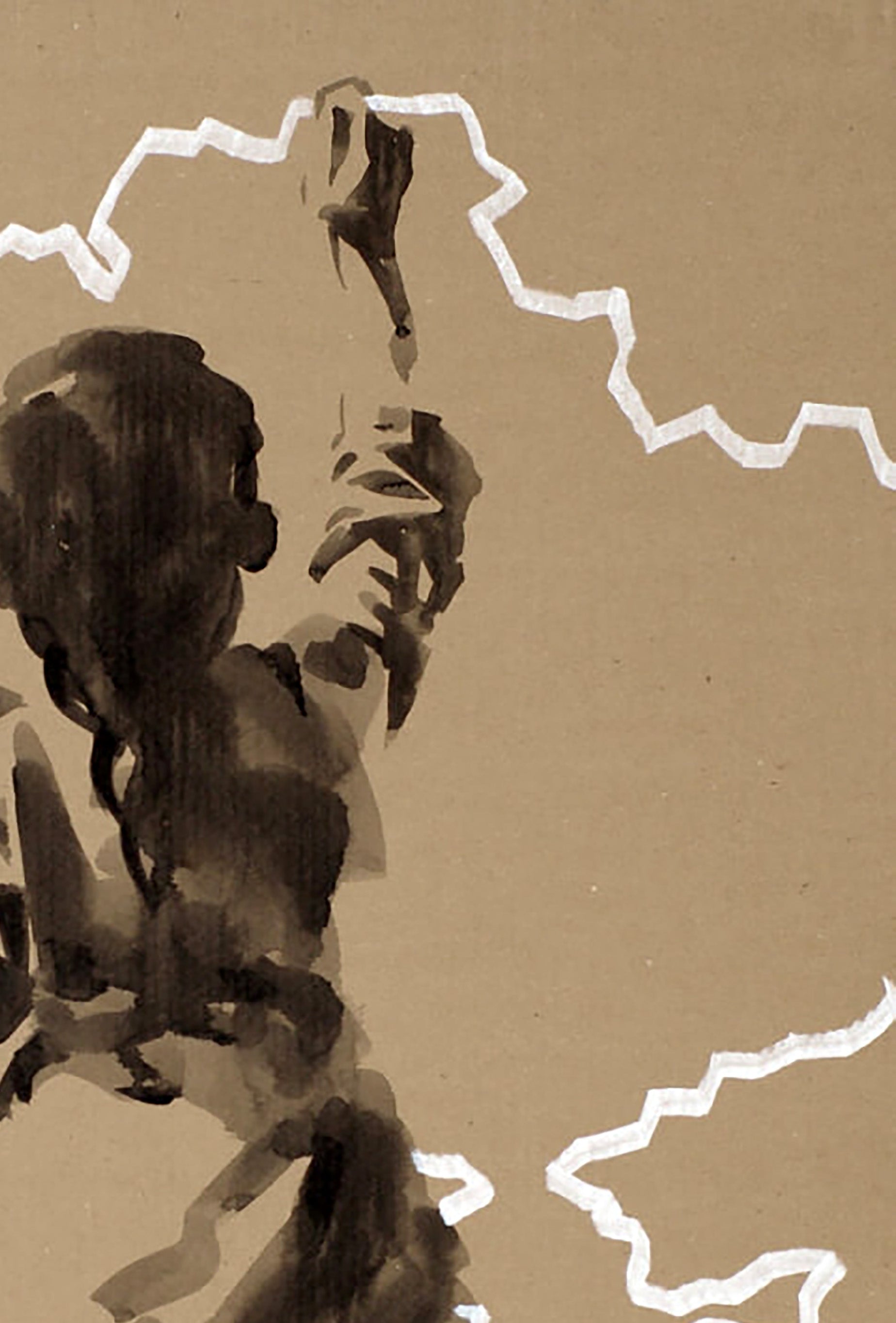 Stylized ink-wash of dark-haired figure in Dima Filatov Country Border acrylic painting