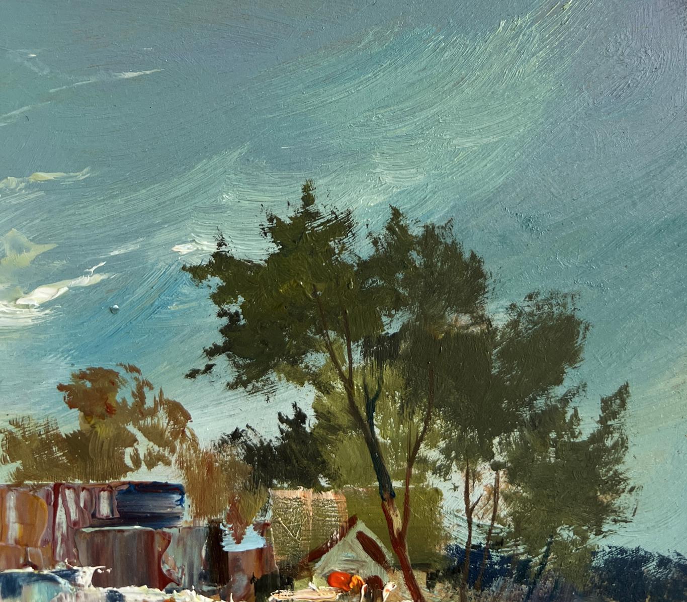 Oil painting of dark green tree and blue sky by Yuriy Suprunchuk