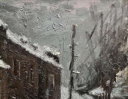 Textured impasto oil painting of snowy village by Volodymyr Pashchenko, Resurrection Ascension