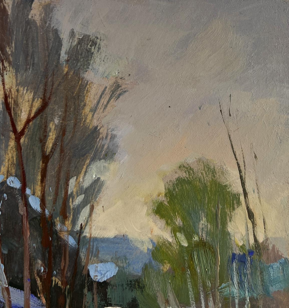 Oil painting of monastery evening view by Yuriy Suprunchuk with bare trees