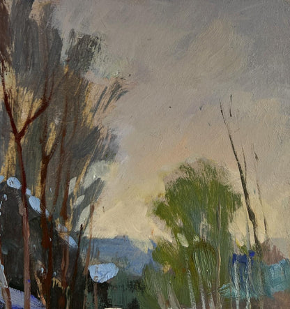 Oil painting of monastery evening view by Yuriy Suprunchuk with bare trees