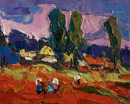Vibrant impressionist oil painting Buckwheat stubble by Oksana Ivanyuk