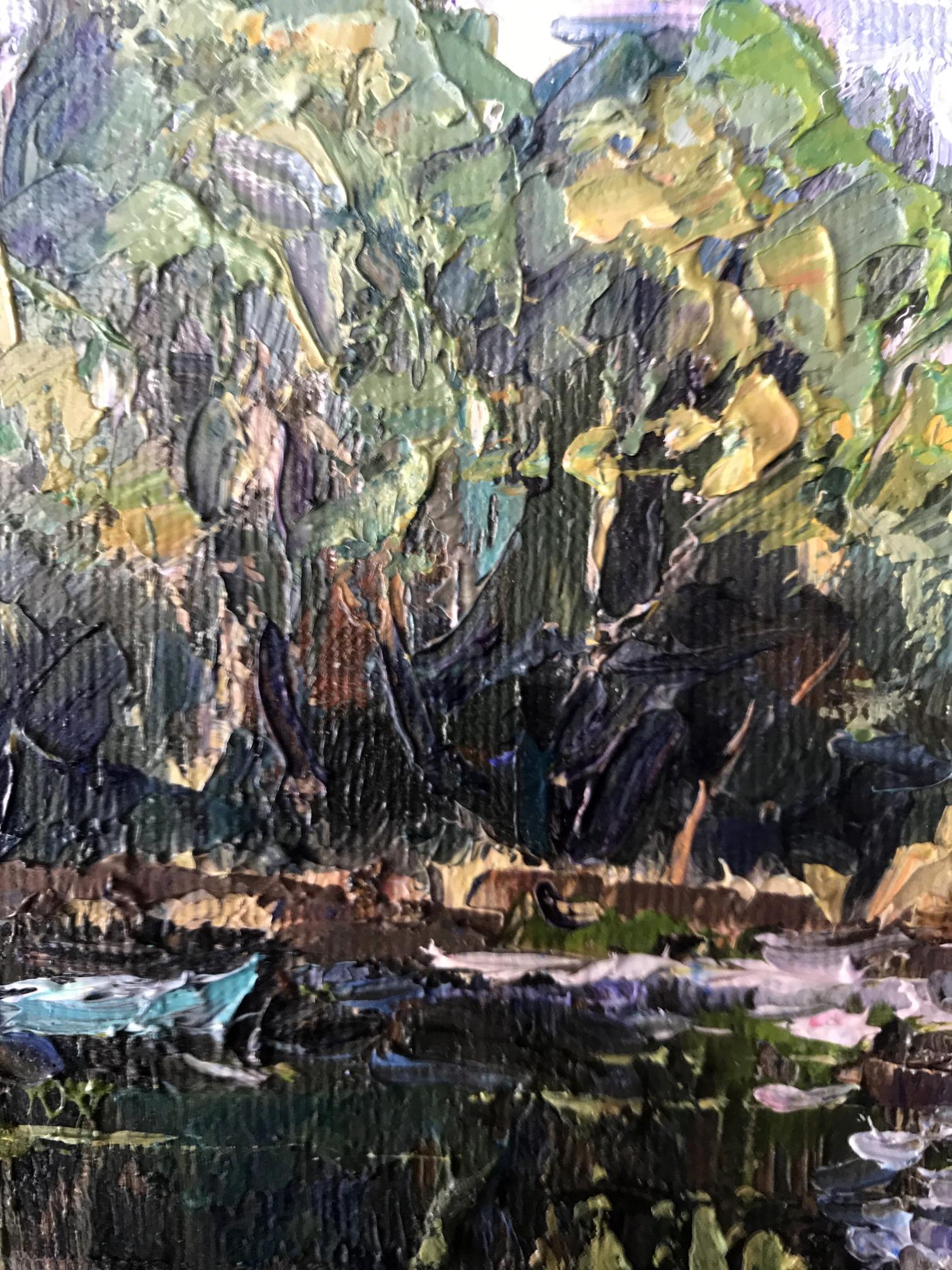 Oksana Ivanyuk's oil painting unveils the tranquility of a secluded forest lake