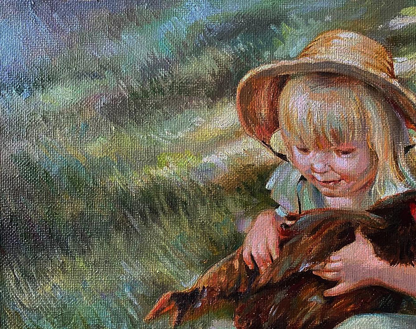 Oil painting Favorite chicken Natalia Bulat: girl with straw hat holds brown chicken