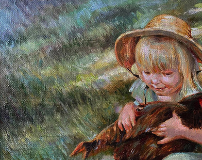Oil painting Favorite chicken Natalia Bulat: girl with straw hat holds brown chicken