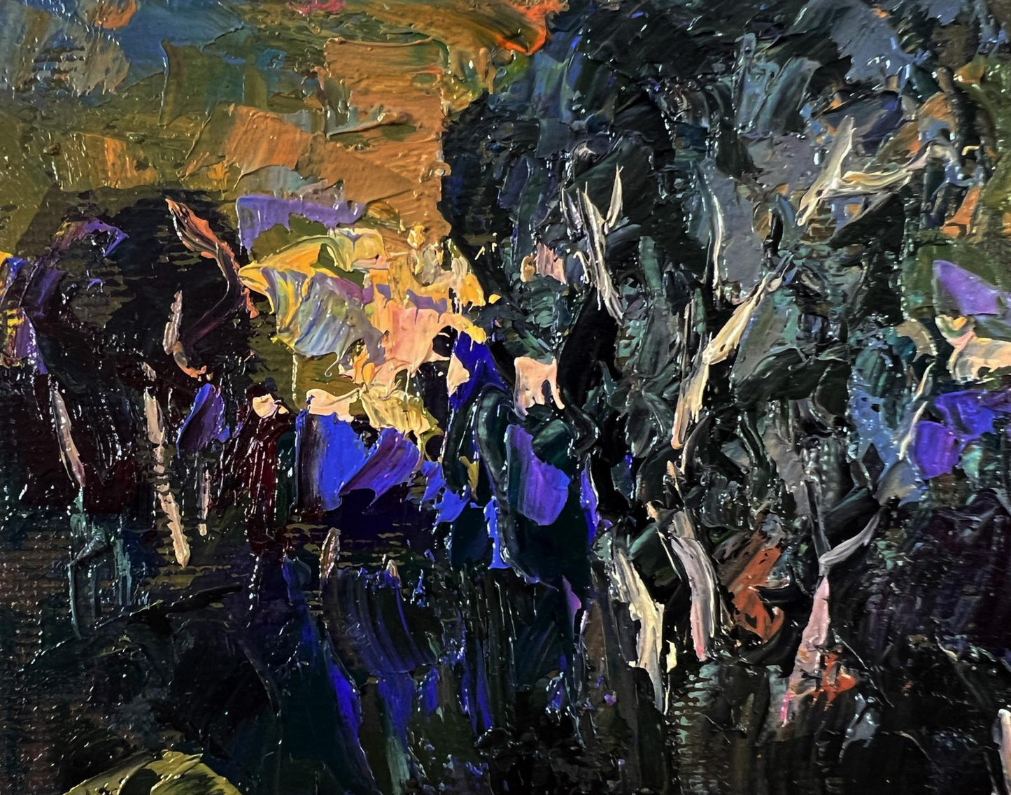 Oil painting In the Dark Forest by Oleksiy Ivanyuk with textured blues and purples