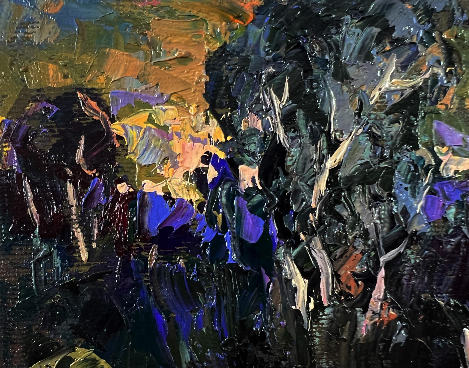 Oil painting In the Dark Forest by Oleksiy Ivanyuk with textured blues and purples