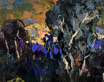 Oil painting In the Dark Forest by Oleksiy Ivanyuk with textured blues and purples