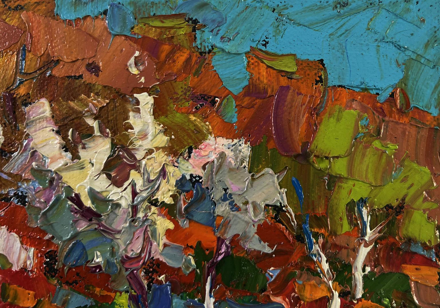 Vibrant impressionist oil painting of flowering trees in garden by Oksana Ivanyuk